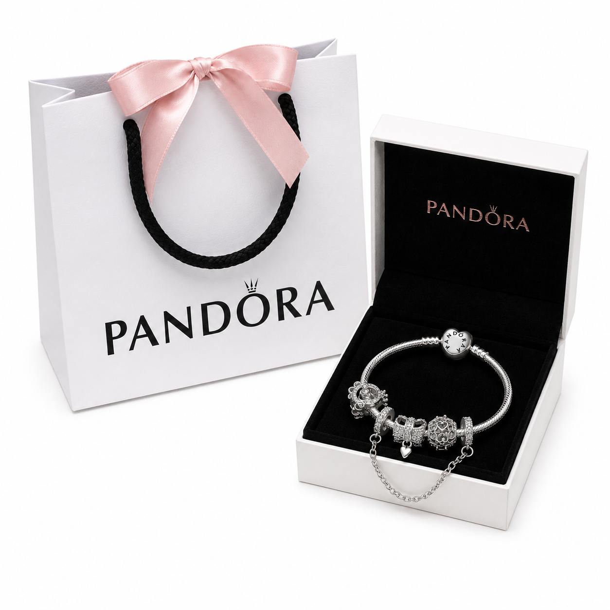 BRAZALETE PANDORA ALE 925 CON CHARMS DE BAÑO, CAJA Y BOLSA