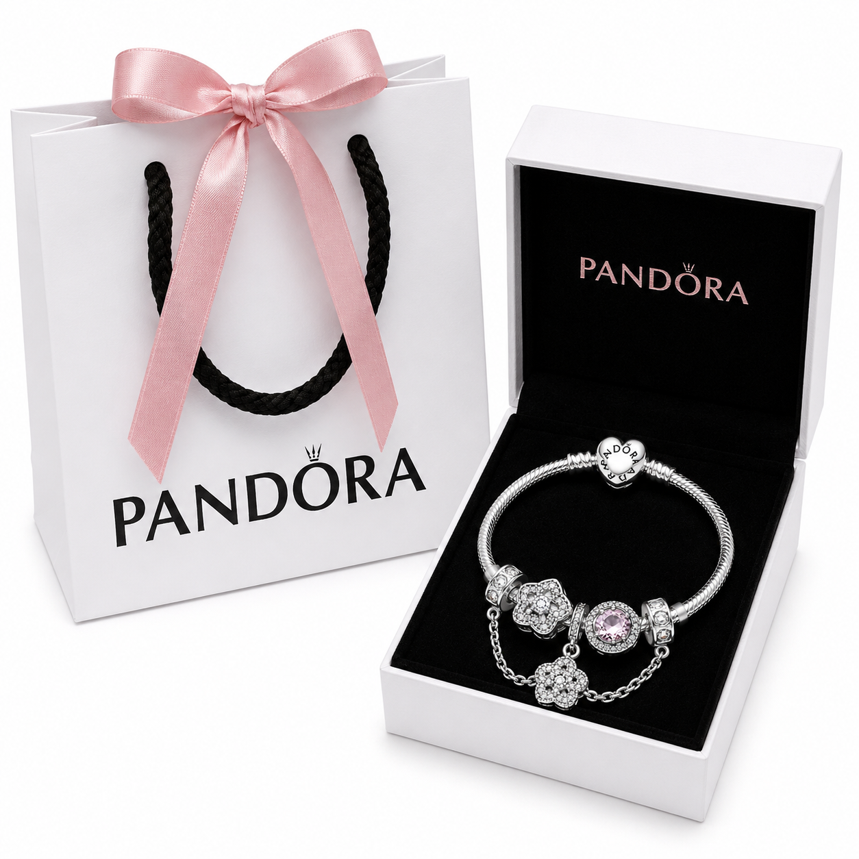 BRAZALETE PANDORA ALE 925 CON CHARMS, CAJA Y BOLSA