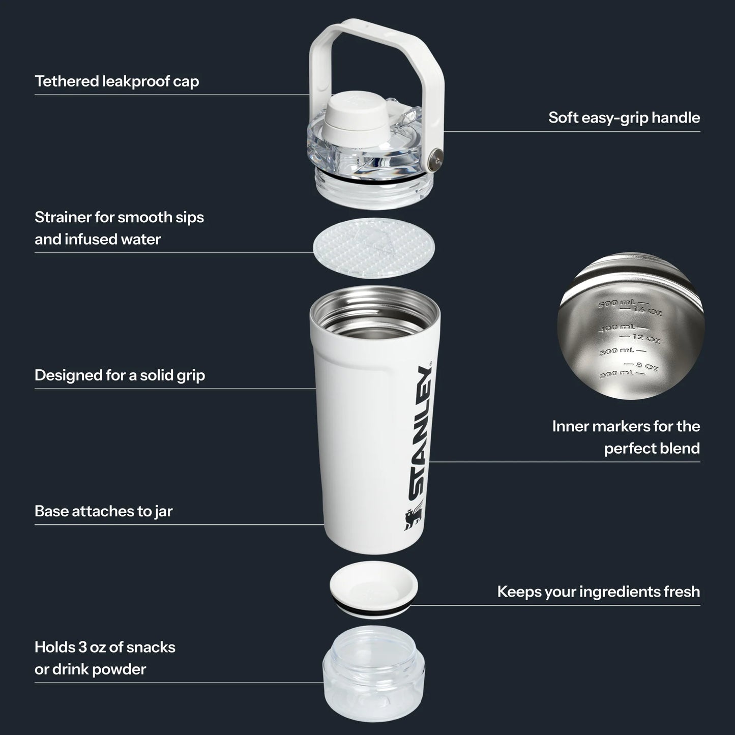 Vitalize™ Shaker | 0.59L Botella mezcladora STANLEY Vitalize de 593 ml | color blanco