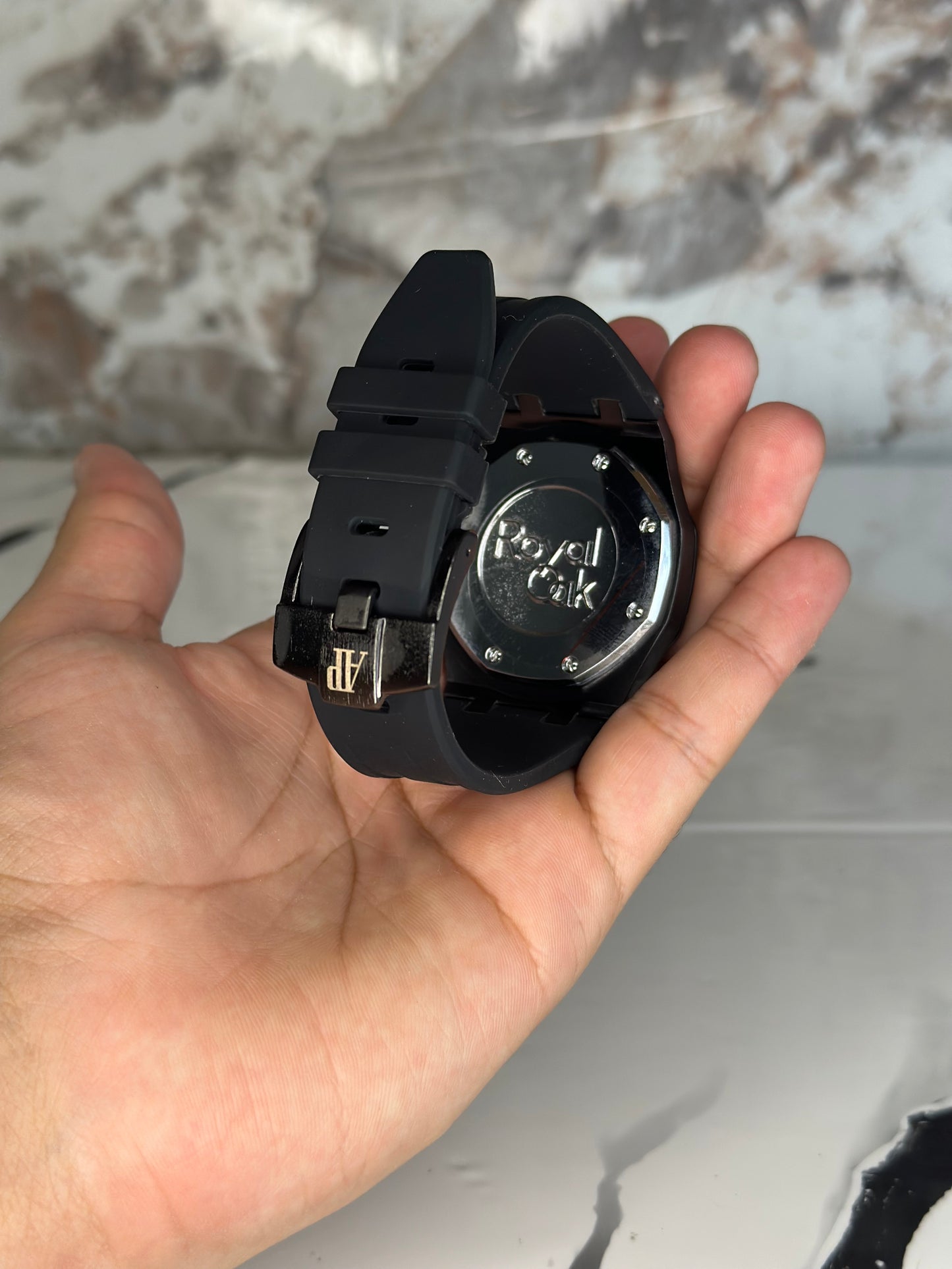 Audemars Piguet AP fondo celeste bisel negro corre de goma negra cronógrafo