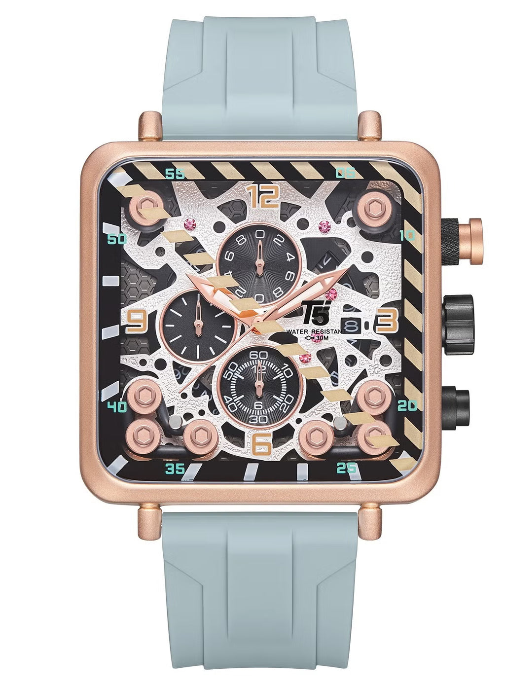 Reloj cronógrafo T5 para hombre con esfera cuadrada y correa de silicona.