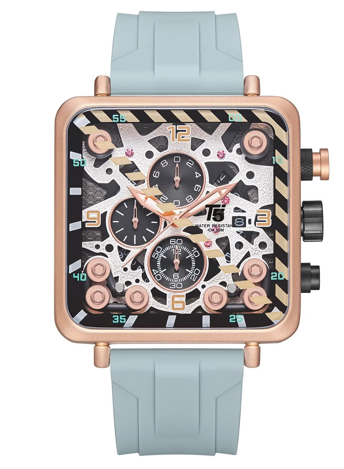 Reloj cronógrafo T5 para hombre con esfera cuadrada y correa de silicona.