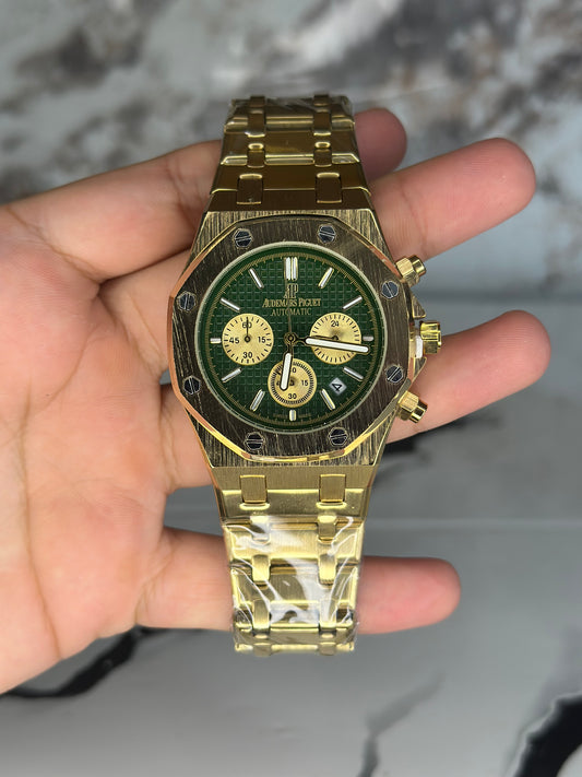 Audemars Piguet AP fondo verde bisel dorado pulsera metálica cronógrafo