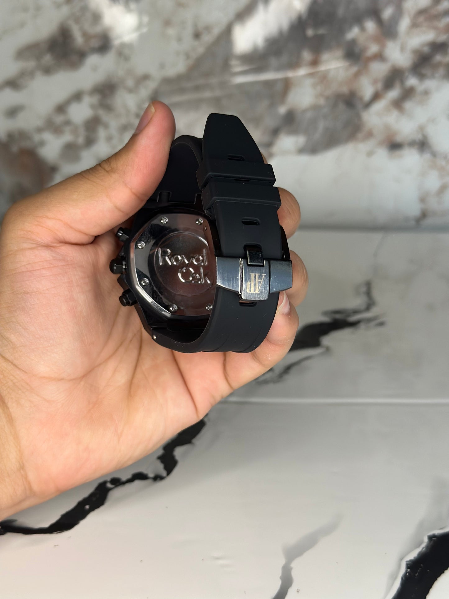Audemars Piguet AP fondo azul bisel negro pulsera de goma cronógrafo