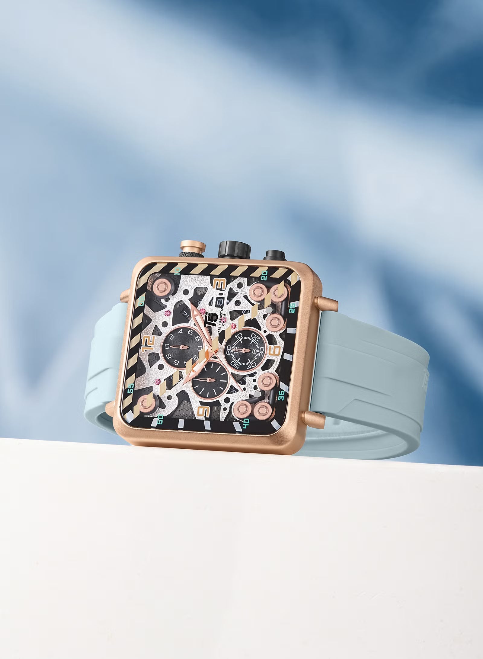 Reloj cronógrafo T5 para hombre con esfera cuadrada y correa de silicona.