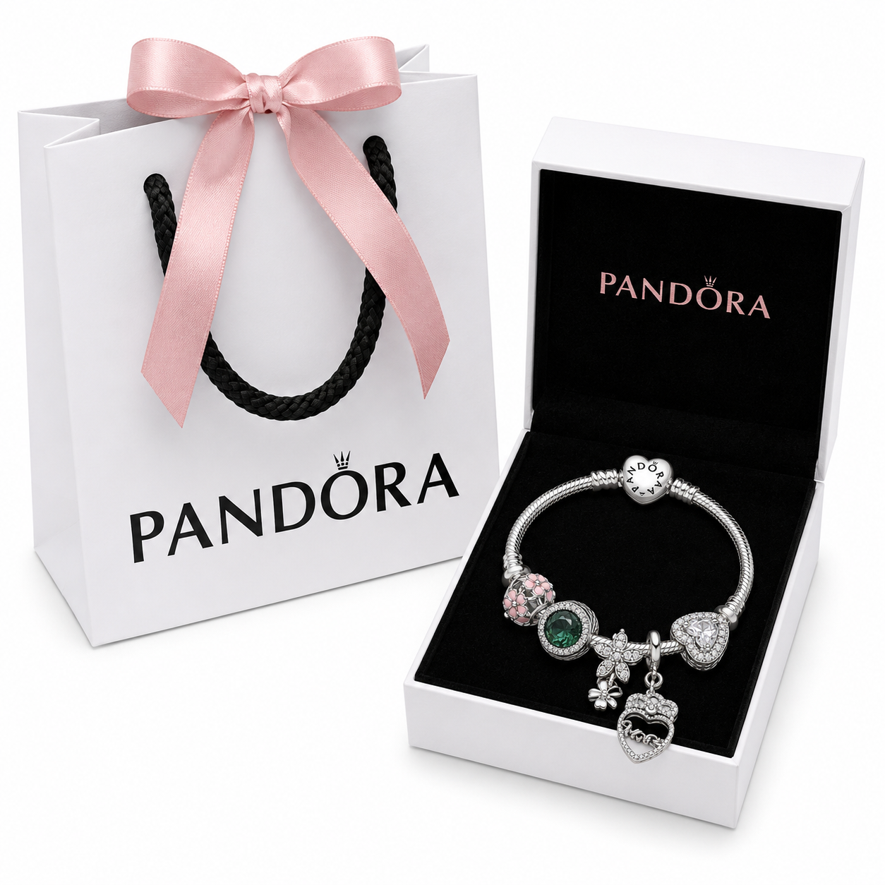 BRAZALETE PANDORA ALE 925 CON CHARMS DE BAÑO, CAJA Y BOLSA