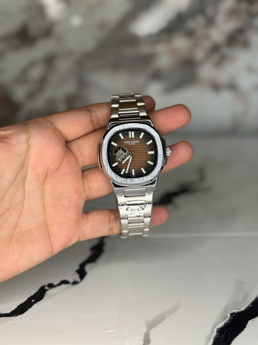 patek philippe automático corazón abierto fondo verde bisel plateado pulsera metálica