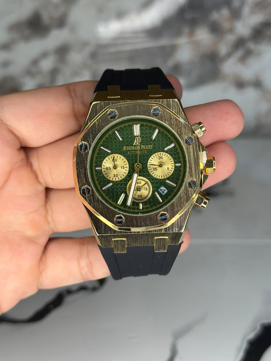 Audemars Piguet AP fondo verde bisel dorado pulsera de goma cronógrafo