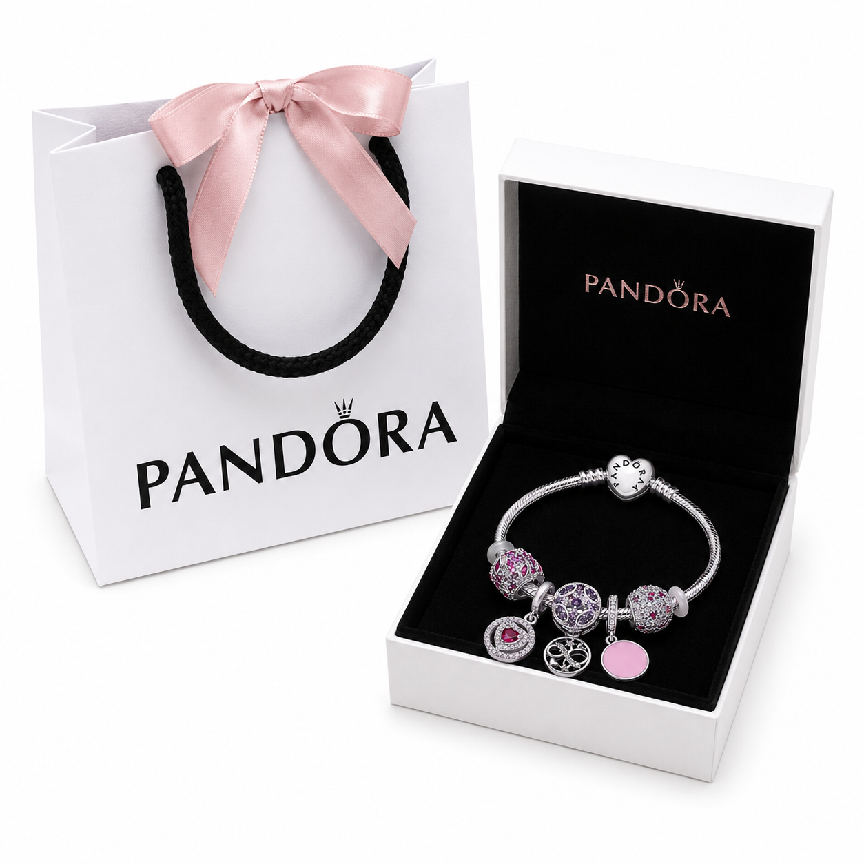 BRAZALETE PANDORA ALE 925 CON CHARMS DE BAÑO, CAJA Y BOLSA