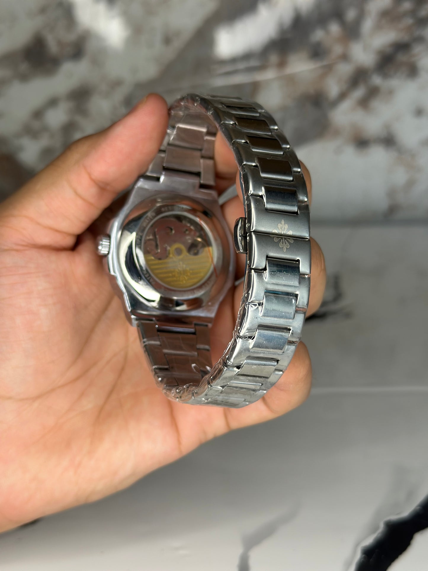 patek philippe automático corazón abierto fondo verde bisel plateado pulsera metálica