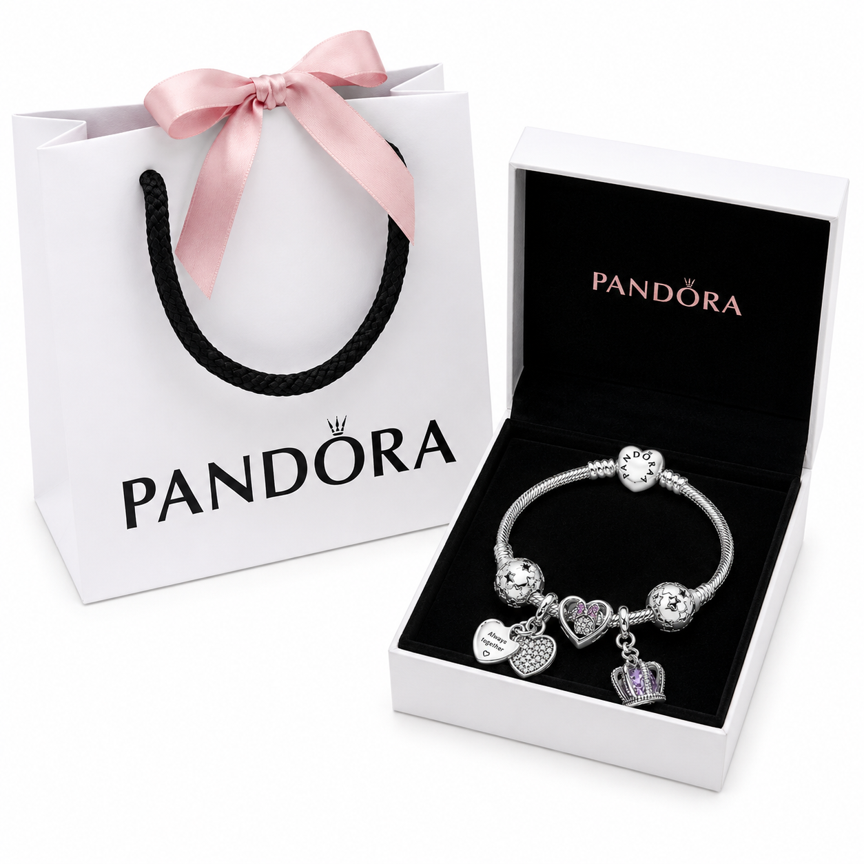 BRAZALETE PANDORA ALE 925 CON CHARMS DE BAÑO, CAJA Y BOLSA