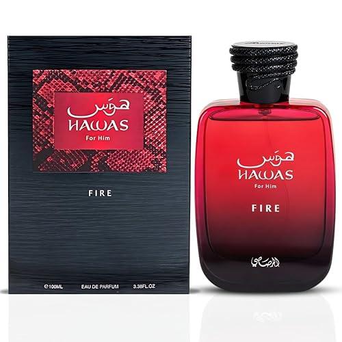 RASASI Hawas Fire Eau De Parfum Spray 100 ml (3,4 oz): un perfume árabe intenso y duradero para hombre con una esencia ardiente