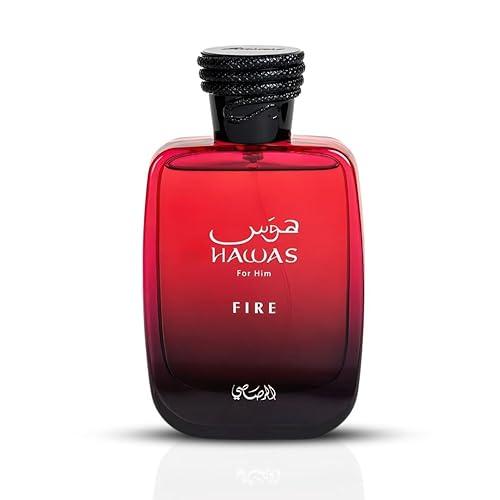 RASASI Hawas Fire Eau De Parfum Spray 100 ml (3,4 oz): un perfume árabe intenso y duradero para hombre con una esencia ardiente