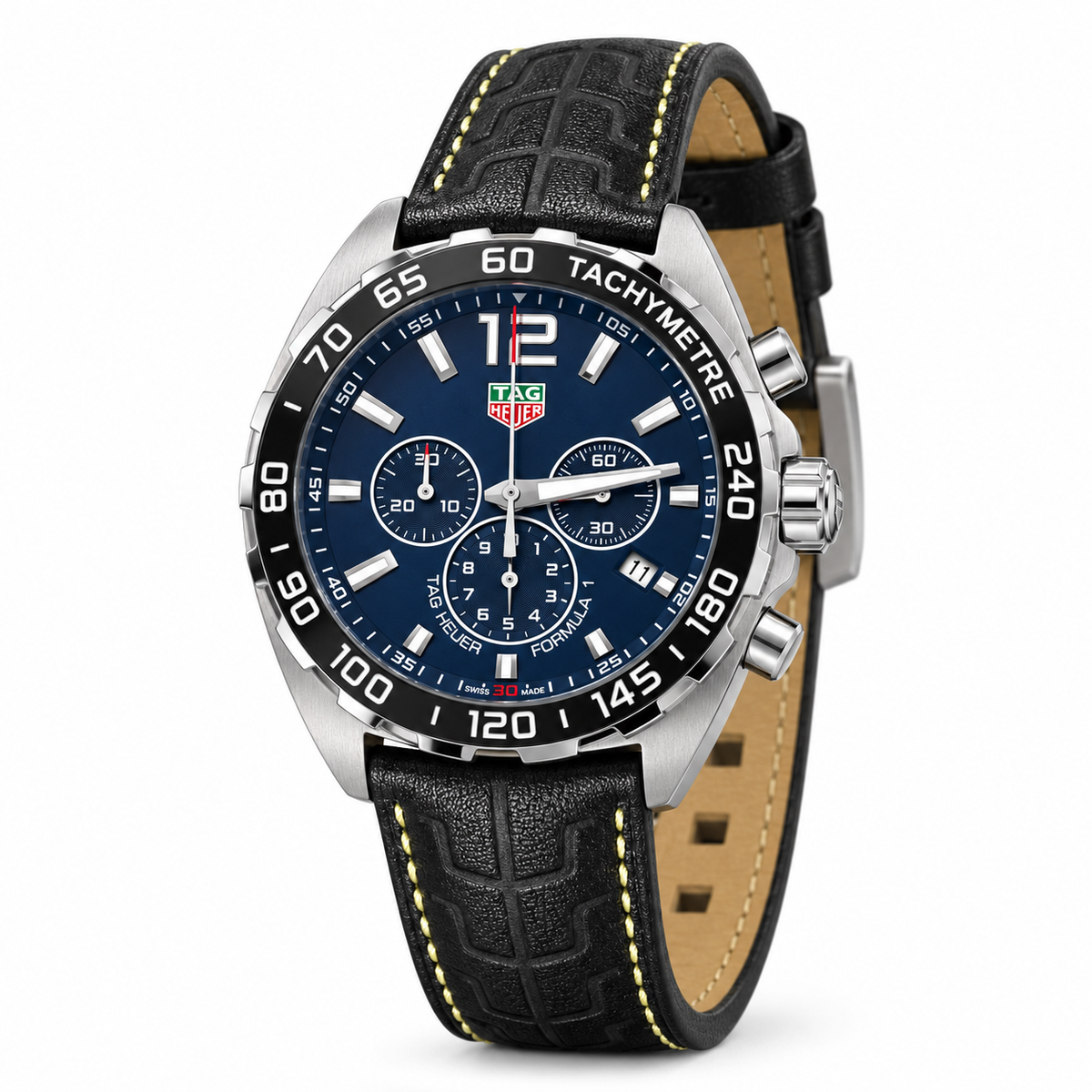 TAG HEUER FORMULA 1 FONDO NEGRO PULSERA DE PIEL COSTURAS AMARILLAS