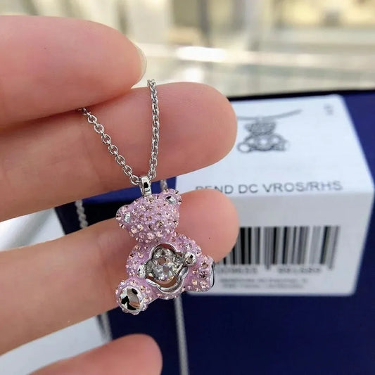 Collar Osito Teddy Swarovski De Cristal Rosa Brillante Estuche Regalo Rosa