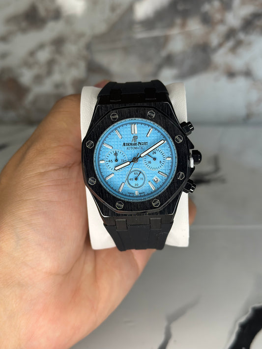 Audemars Piguet AP fondo celeste bisel negro corre de goma negra cronógrafo