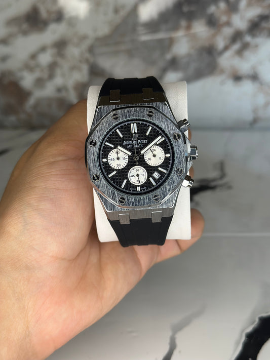 Audemars Piguet AP fondo negro bisel plateado corre de goma negra cronógrafo