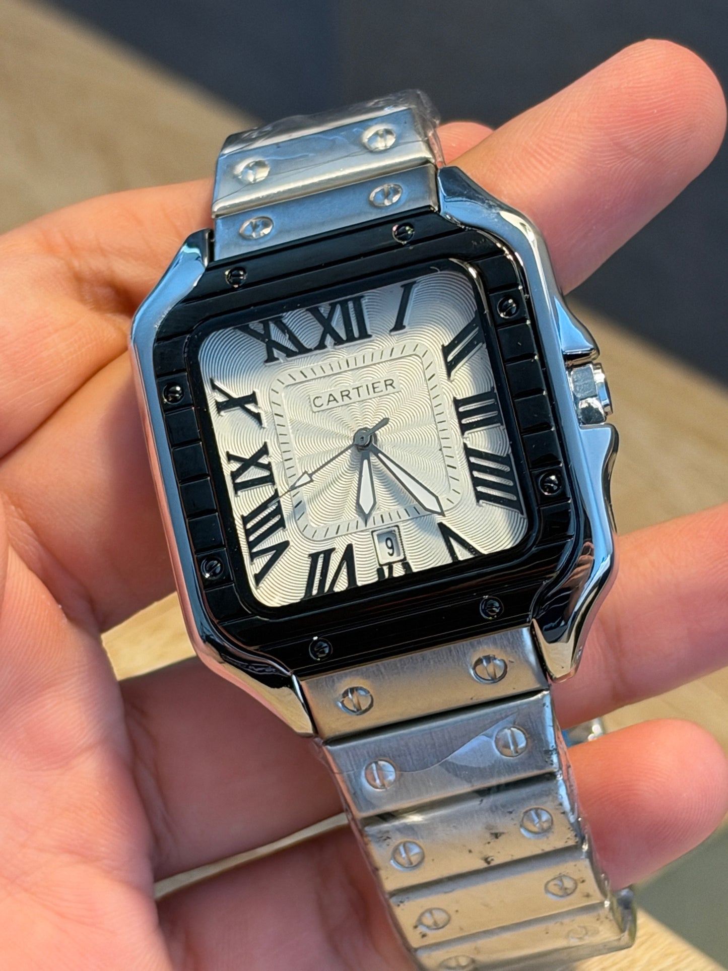CARTIER SANTOS BISEL NEGRO ESFERA BLANCA