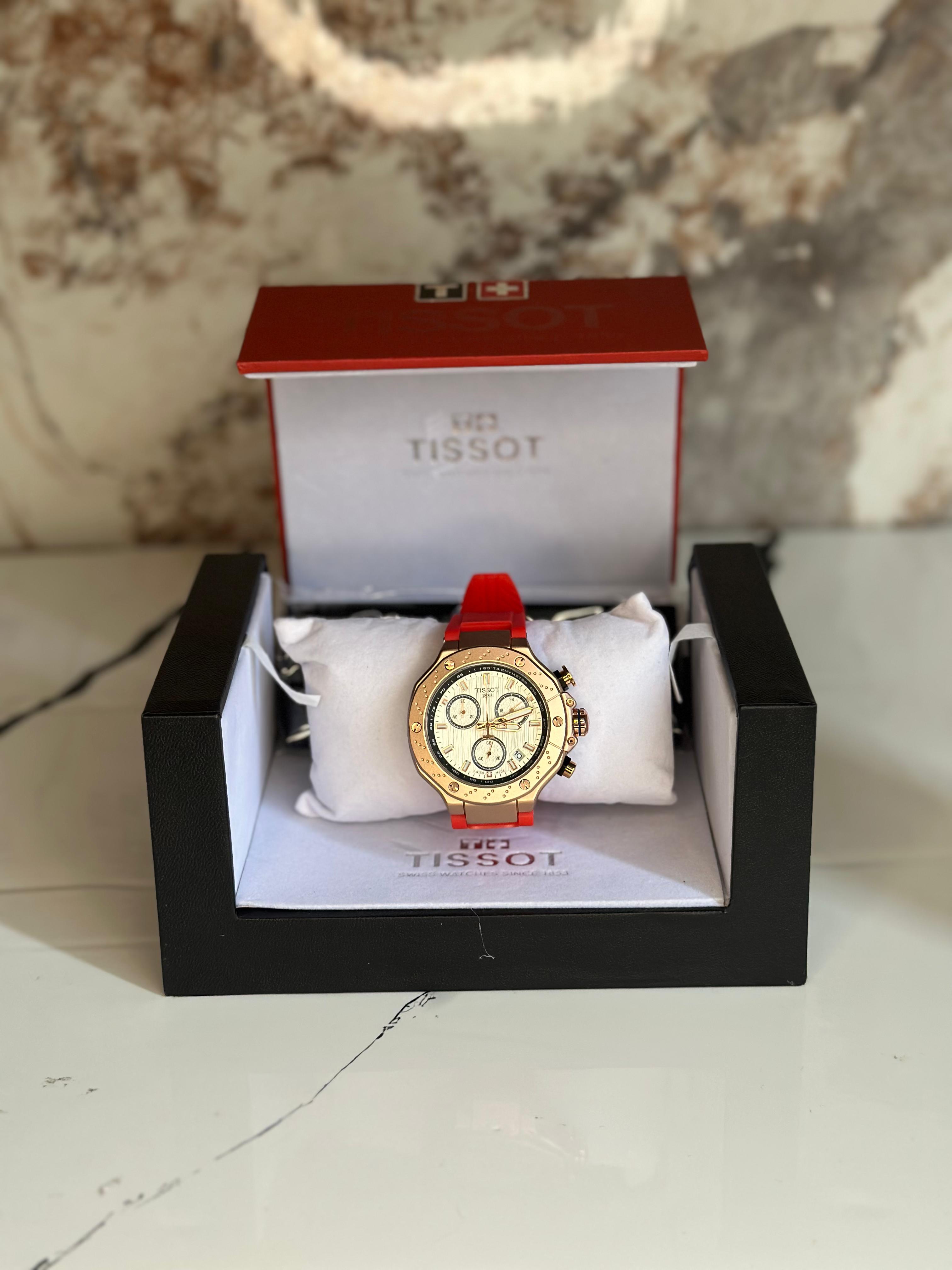 Reloj Tissot edición especial MOTO GP fondo blanco pulsera roja bisel dorado