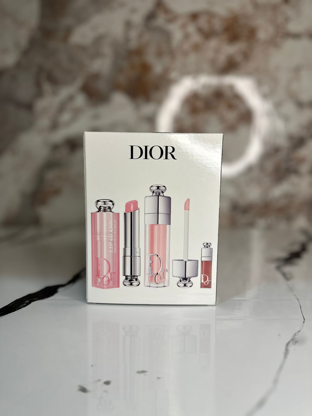 JUEGO DE 3 PIEZAS DIOR ADICT (001 Rosa) Brillo de Labios, Maximizador de Labios y Mini ESENCIAL DE Labios