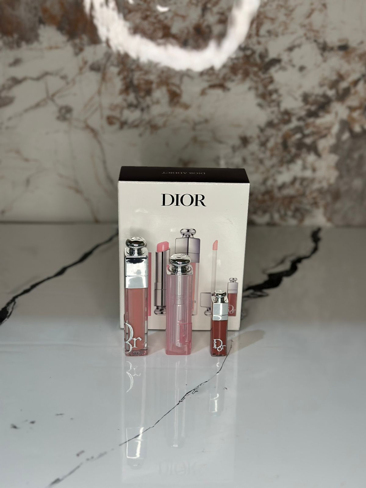 JUEGO DE 3 PIEZAS DIOR ADICT (001 Rosa) Brillo de Labios, Maximizador de Labios y Mini ESENCIAL DE Labios