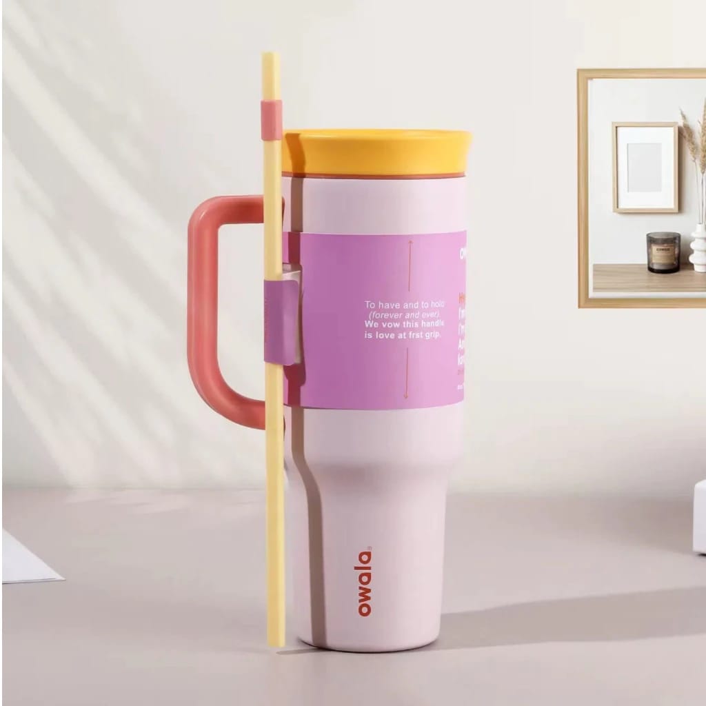 Vaso de viaje Owala de acero inoxidable con aislamiento de triple capa, tapa antiderrames, pajita y asa, sin BPA, rosa