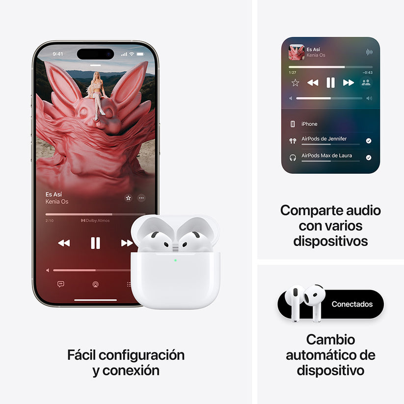 Auriculares inalámbricos AirPods 4, auriculares Bluetooth, audio espacial personalizado, resistente al sudor y al agua, funda de carga USB-C, chip H2