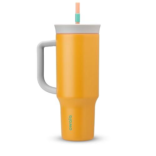 Vaso de viaje Owala de acero inoxidable con aislamiento de triple capa, tapa antiderrames, pajita y asa, sin BPA, 1133 ml, color naranja tropical.