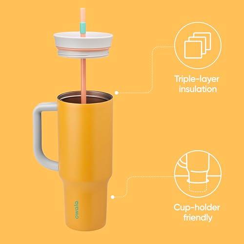Vaso de viaje Owala de acero inoxidable con aislamiento de triple capa, tapa antiderrames, pajita y asa, sin BPA, 1133 ml, color naranja tropical.