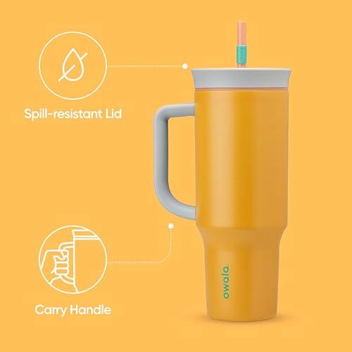 Vaso de viaje Owala de acero inoxidable con aislamiento de triple capa, tapa antiderrames, pajita y asa, sin BPA, 1133 ml, color naranja tropical.