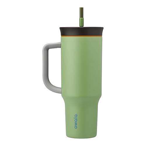 Vaso de viaje Owala de acero inoxidable con aislamiento de triple capa, tapa antiderrames, pajita y asa, sin BPA, 1133 ml, verde (Brave Adventures)