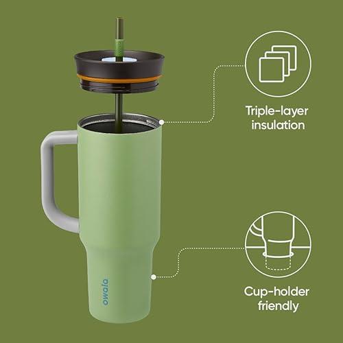Vaso de viaje Owala de acero inoxidable con aislamiento de triple capa, tapa antiderrames, pajita y asa, sin BPA, 1133 ml, verde (Brave Adventures)