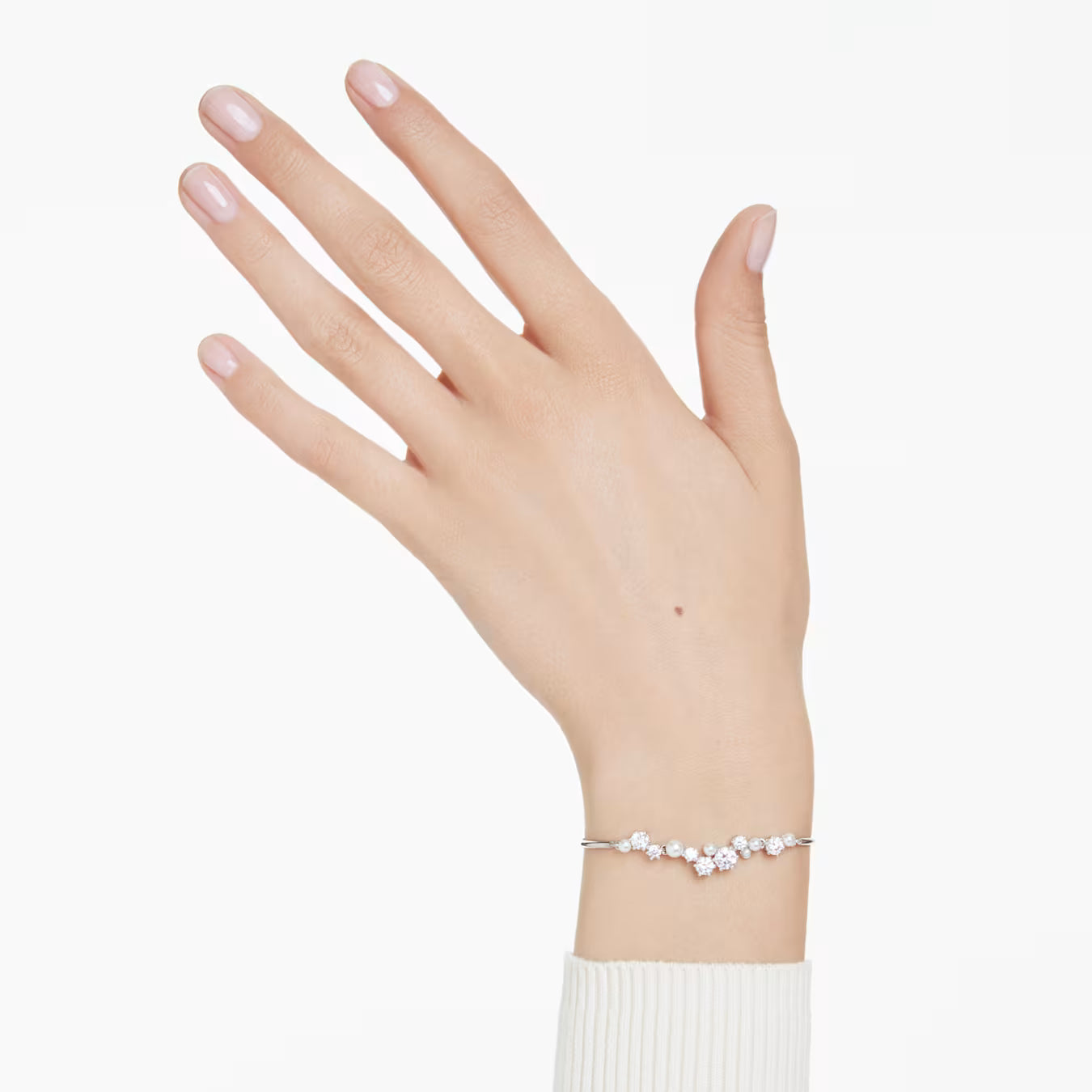 Brazalete Constella Perla de cristal, cortes redondos, blanco, baño de rodio