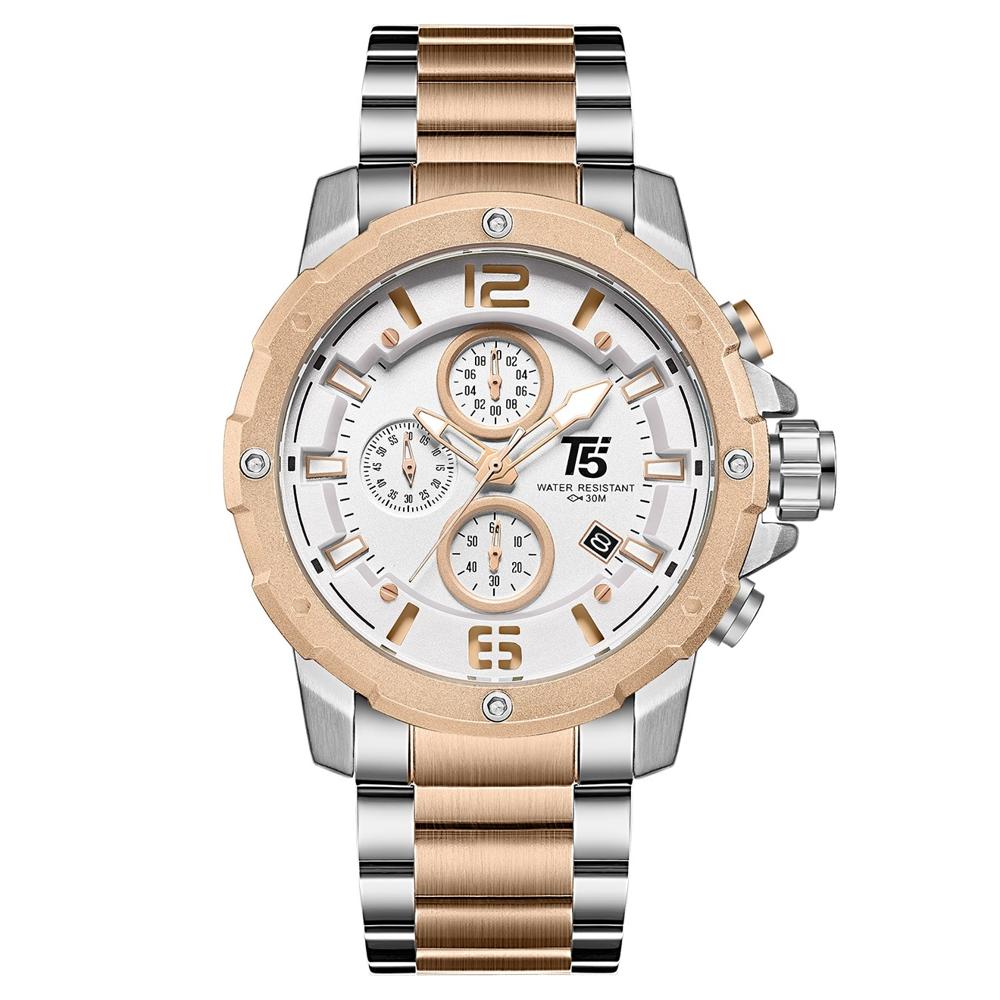 Reloj T5 Para Hombre Análogo Pulsera De Metal, Color Dorado