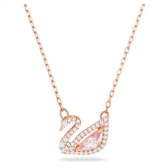 Collar Swan Cisne, Swarovski Rosa, Baño tono oro rosa