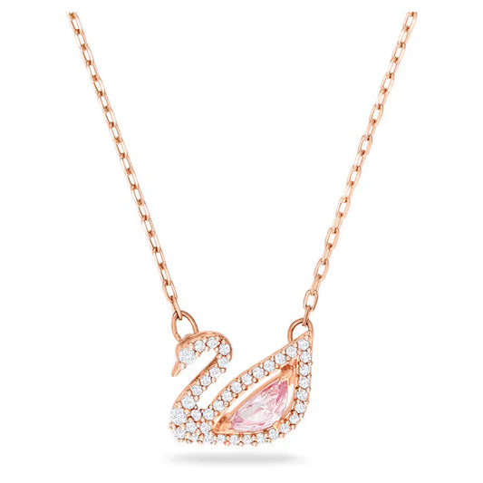 Collar Swan Cisne, Swarovski Rosa, Baño tono oro rosa