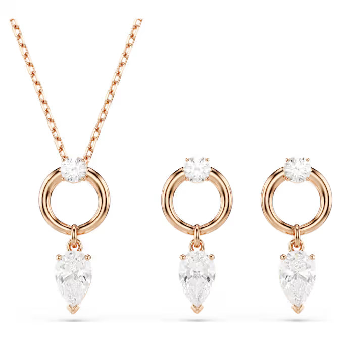 Conjunto Mesmera swarovski Talla pera, Talla redonda, Blanco, Baño tono oro ros (aretes y collar)