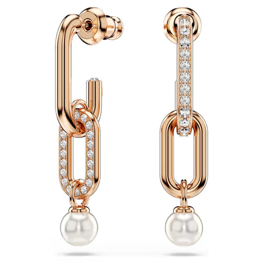 Pendientes colgantes swarovski Constella Perla de cristal, talla redonda, blanca, baño en tono oro rosa