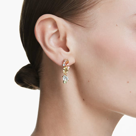 Pendientes colgantes SWAROVSKI  Gema Diseño asimétrico, Cortes mixtos, Multicolor, Baño en tono dorado