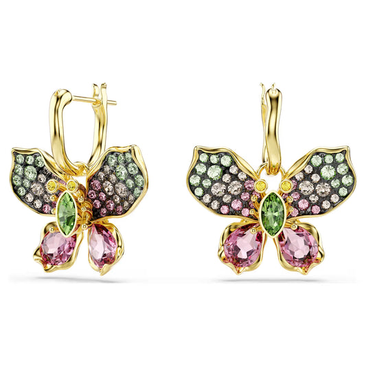 Pendientes colgantes Idyllia Cortes mixtos, Pavé, Mariposa, Multicolor, Baño en tono dorado