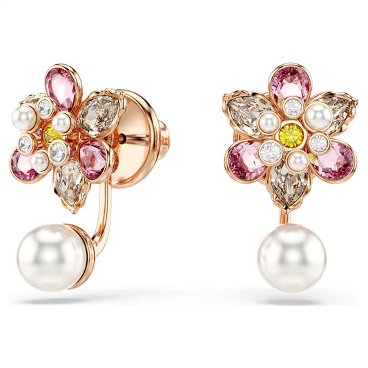 Pendientes ear jacket Idyllia Perla de cristal, Tallas mixtas, Flor, Multicolores, Baño tono oro