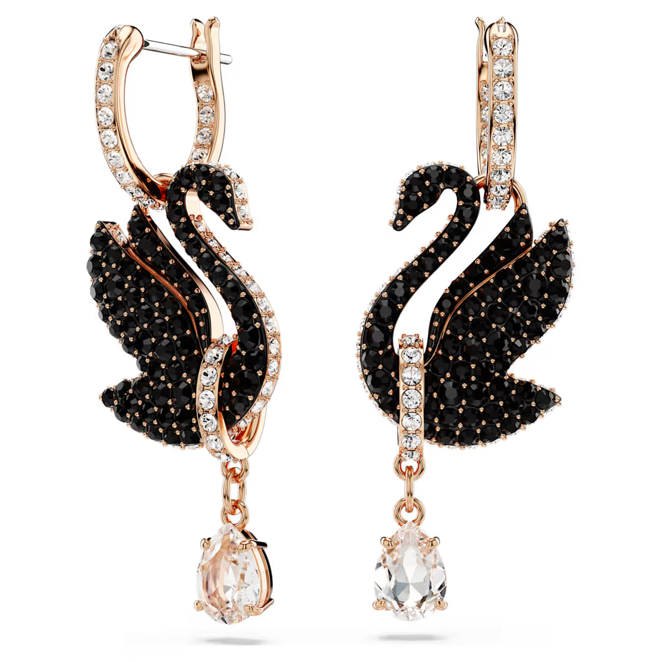 Pendientes Swan Cisne, Negros, Baño tono oro rosa