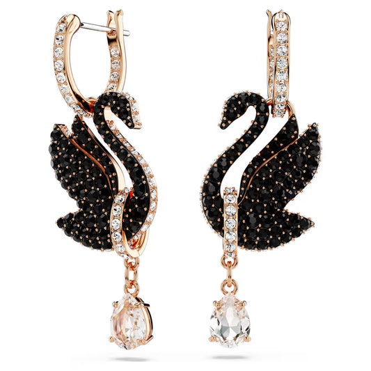 Pendientes Swan Cisne, Negros, Baño tono oro rosa