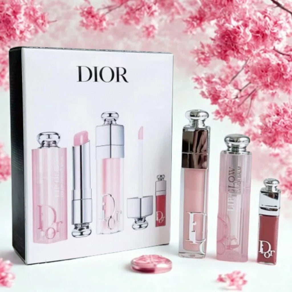 JUEGO DE 3 PIEZAS DIOR ADICT (001 Rosa) Brillo de Labios, Maximizador de Labios y Mini ESENCIAL DE Labios