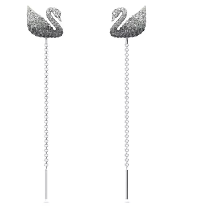 Pendientes colgantes de cisne Cisne, Swarovski gris, baño de rodio