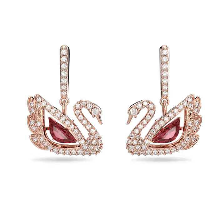 Pendientes colgantes de cisne Cisne, rojo, baño en tono oro rosa