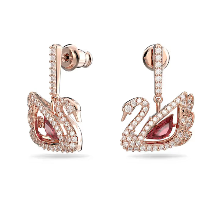 Pendientes colgantes de cisne Cisne, rojo, baño en tono oro rosa