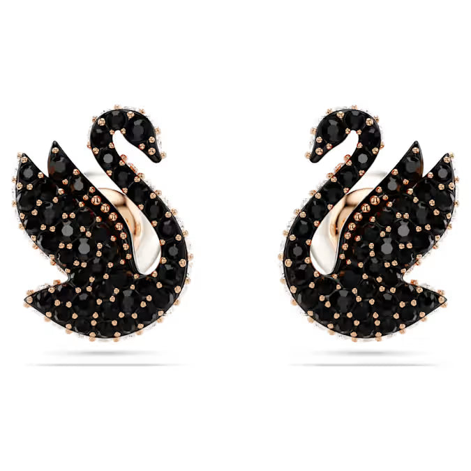 Pendientes de cisne Perla de cristal, Swarovski cisne, negro, acabado en oro rosa de 18 quilates