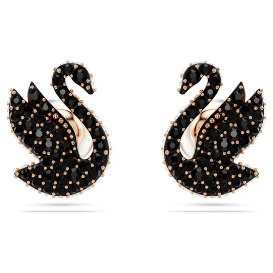 Pendientes de cisne Perla de cristal, Swarovski cisne, negro, acabado en oro rosa de 18 quilates