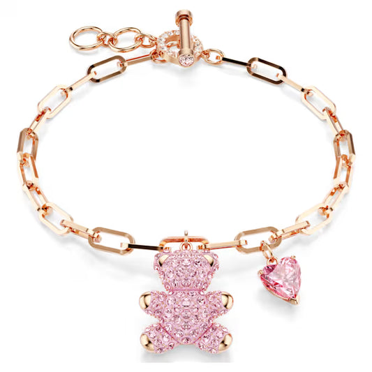 Pulsera de osito de peluche Oso, Swarovski rosa, bañado en tono oro rosa